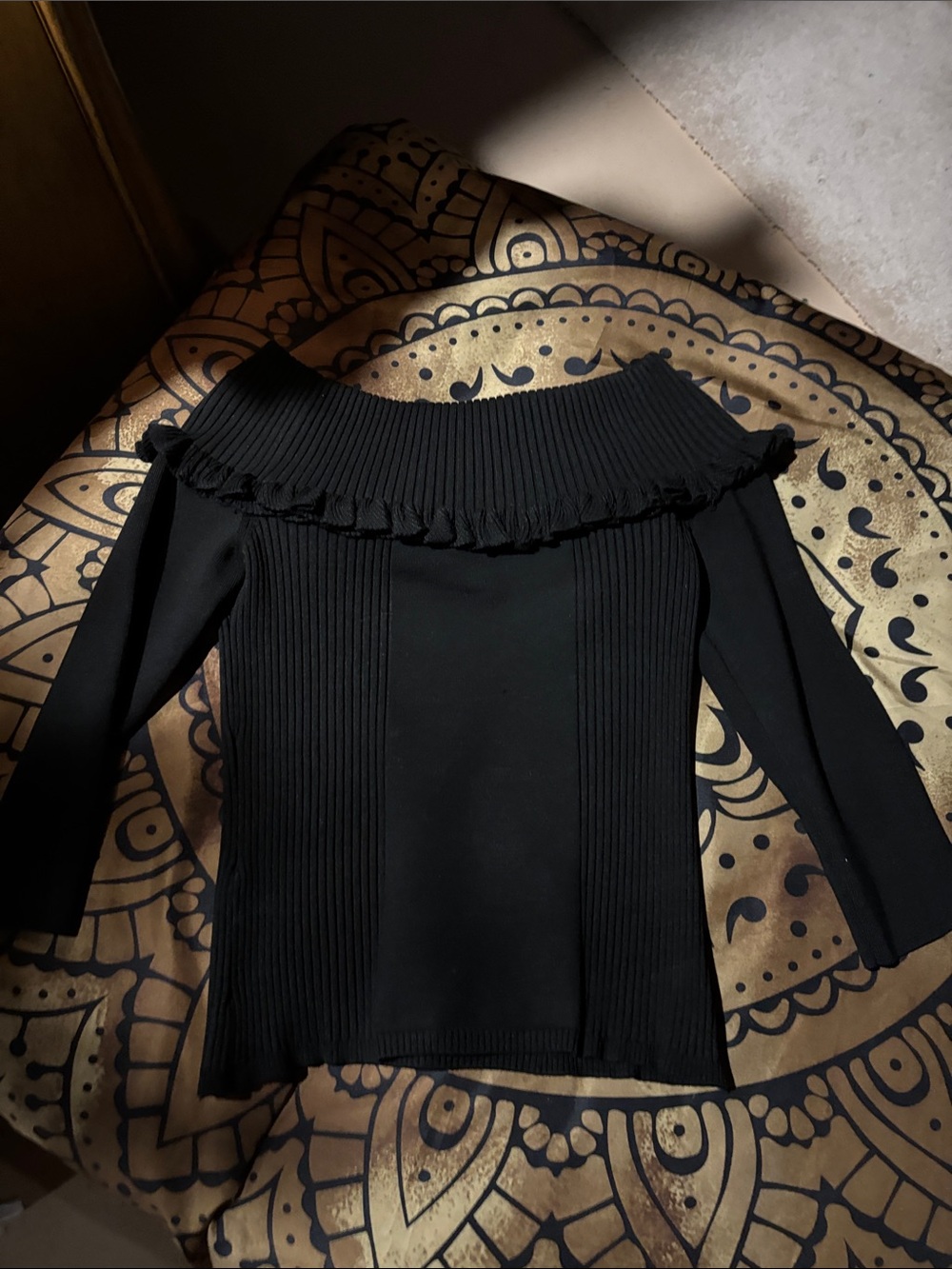 bebe Black Ribbed Off-Shoulder Ruffle Pullover - Picture 2 of 2